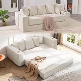 76" Convertible Sofa Bed, Corduroy Boneless Couch with Cup Holders &amp; Pocket | 2-in-1 Sleeper Sofa, Pull-out Couch Bed with 5 Pillows, Living Room, Small Spaces, Bedroom, No Assembly