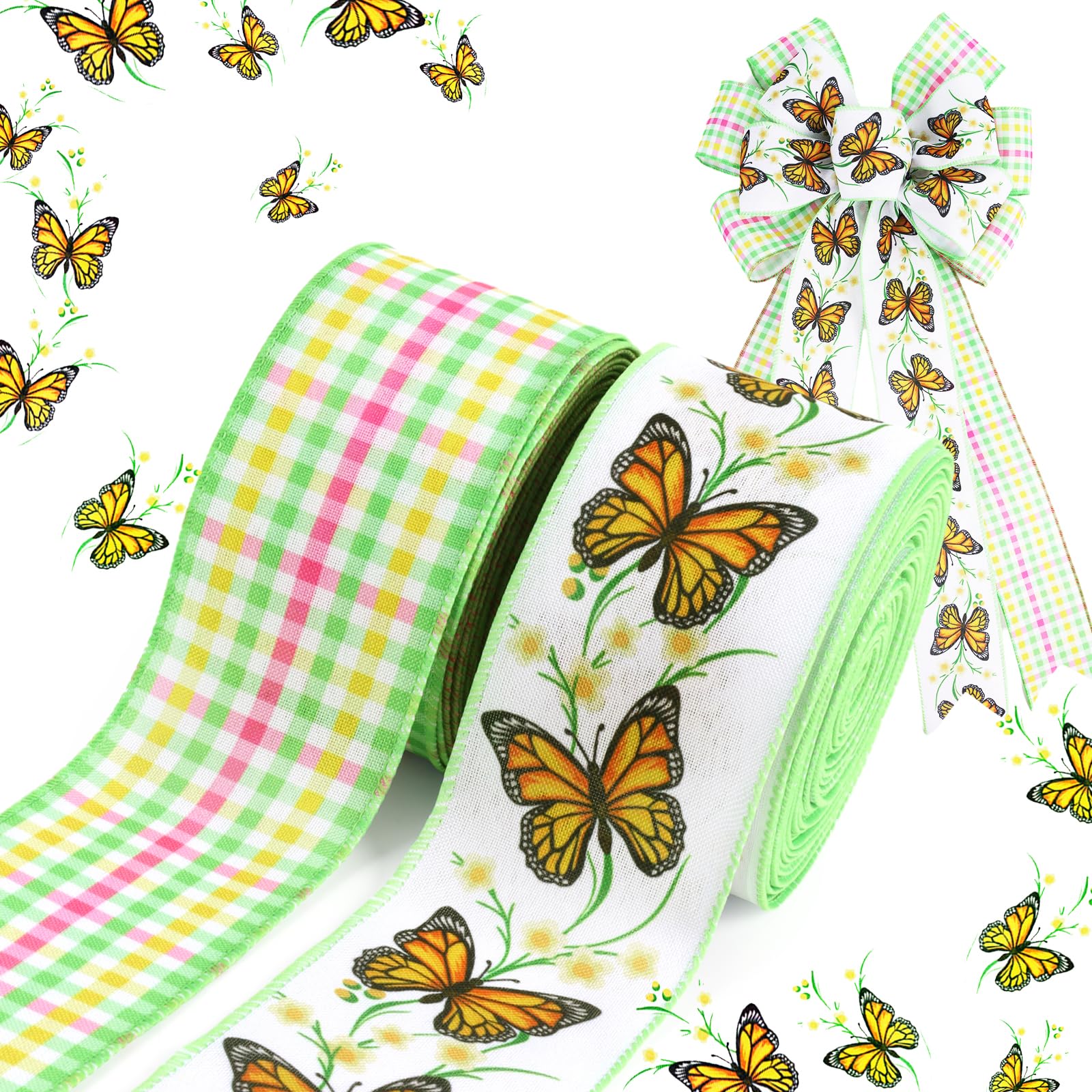 LaRibbons Butterfly Wired Ribbon 2 Rolls 2.5 Inch x 20 Yards TTL, Green ...