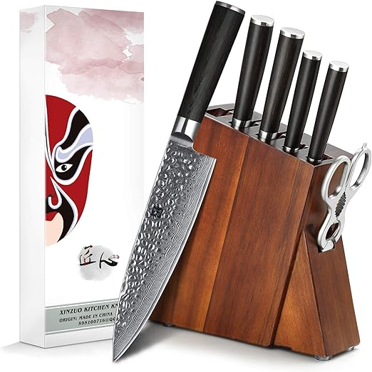Amazon Com Xinzuo 7pc Damascus Steel Kitchen Knife Set With Acacia Wood Block Multifunctional Kitchen Scissors Professional Sharp Chef Knife Forged Vegetable Knife With Pakkawood Handle He Series Kitchen Dining