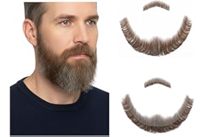 BROMOBIZ Fake Full Beard with Sideburns for Men, Bushy Human Hair Beard with Soft Lace Backside, Realistic Thick Mustache and Beard Costume for Cosplay, Halloween and Performance (Brown Mix with Grey-White)