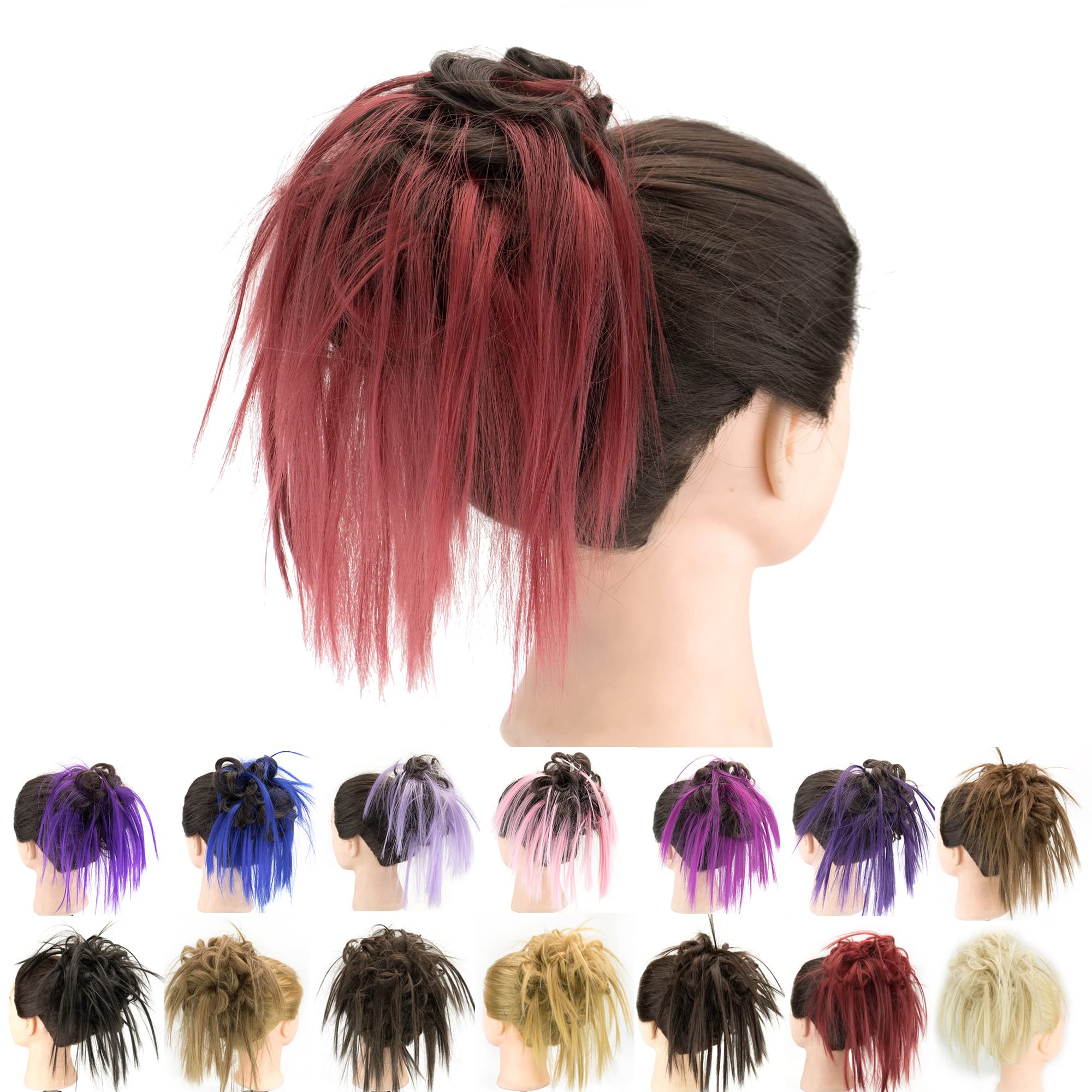 IMISSU 2PCS Messy Hair Bun Piece Updo Fake Scrunchies Extension Wavy Curly Hairpieces Ponytail Chignon Headband for Women (2PCS Brown Burgundy)