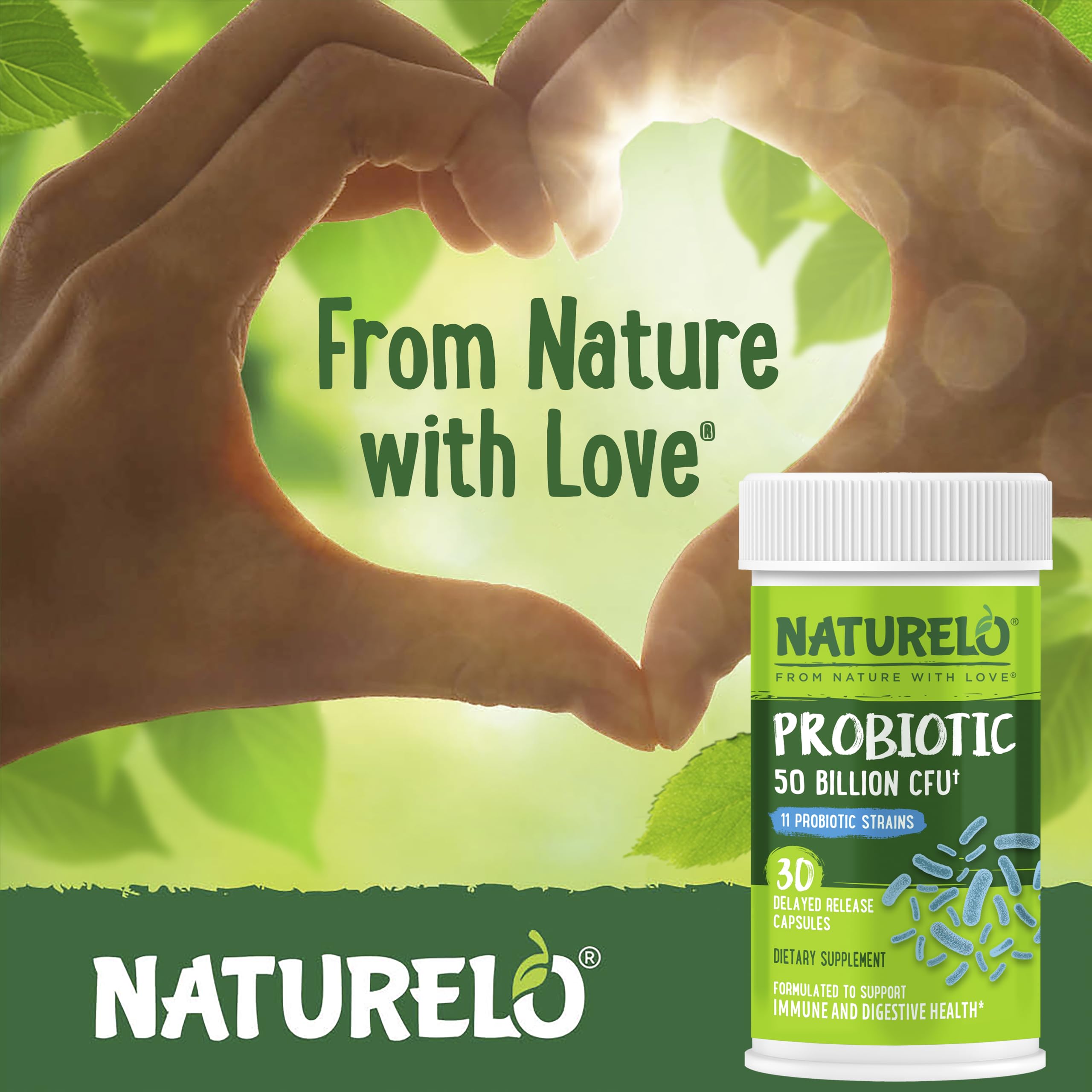 NATURELO Probiotics for Digestive Health - 50 Billion CFU, 11 Strains Daily Supplement - Boosts Immune System, Delayed Release, 30 Vegetarian Capsules