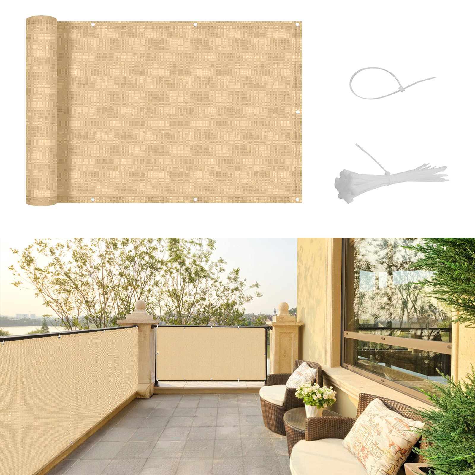 SUNNY GUARD Balcony Privacy Screen 75x300cm Fence Screen for Balcony and Patio Cover,UV protection waterproof and windproof,with Cable Ties,Sand