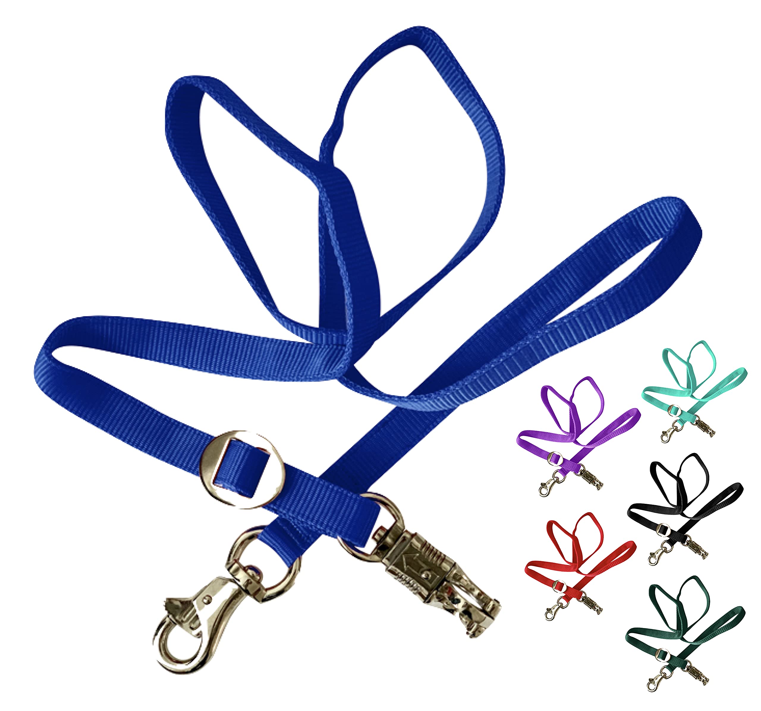 Majestic Ally Double Thick 36" to 72" Trailer Tie for Horse Haulage, Cross tie with Adjustable Buckle, Panic Snap and Bull Snap – 1" Wide by 36" to 72" Long (Royal Blue)