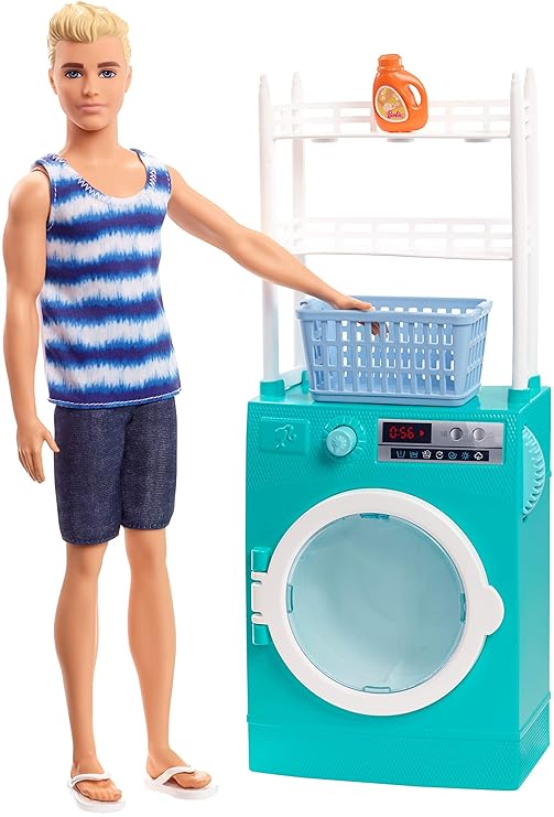 Barbie FYK52 - Ken Puppe und Waschmaschine Spielset mit Schleuderfunktion und Zubehör, Puppenzubehör ab 3 Jahren