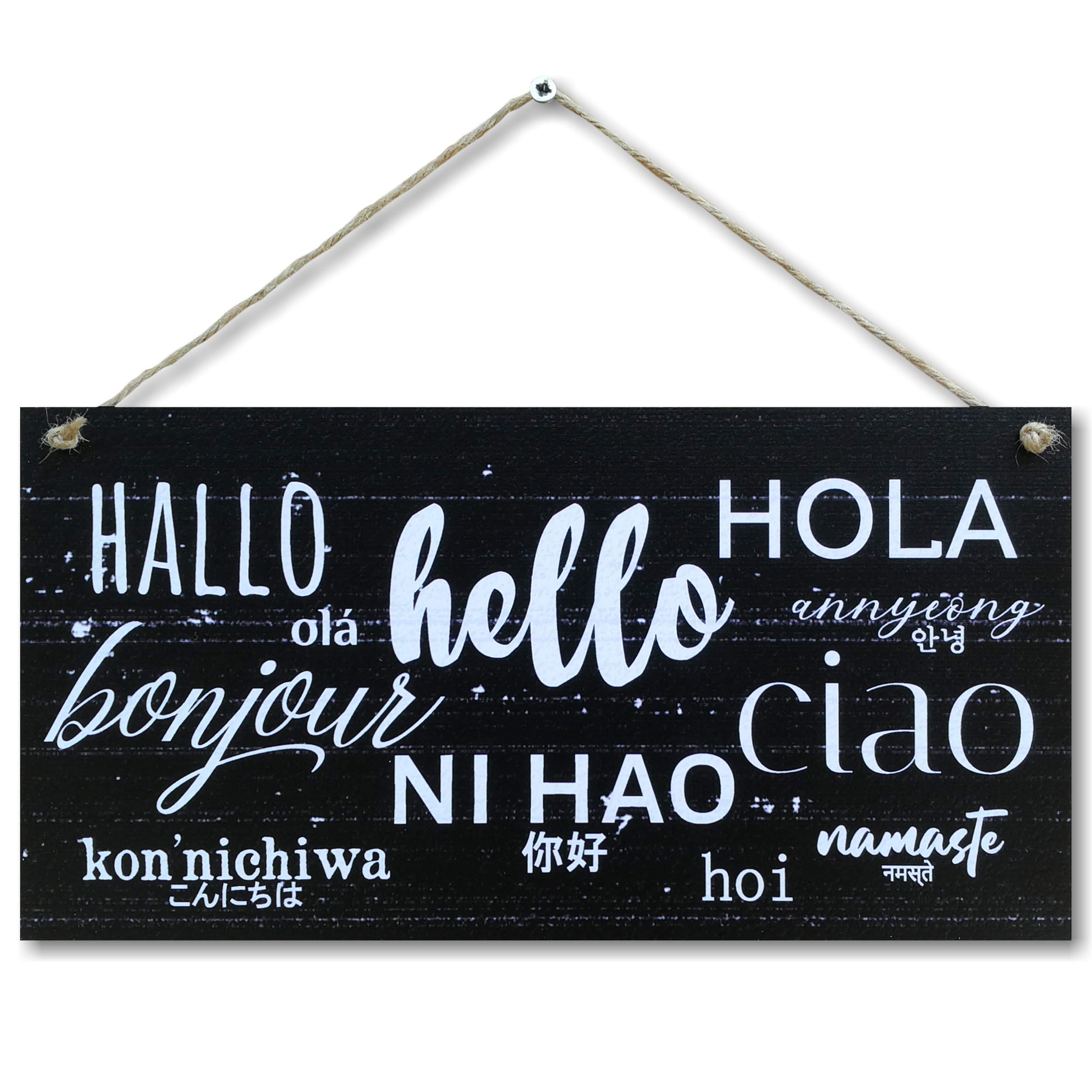 CARISPIBET Hello! Hola! Bonjour! | Home decoration plaque sign travel languages 6" x 12"