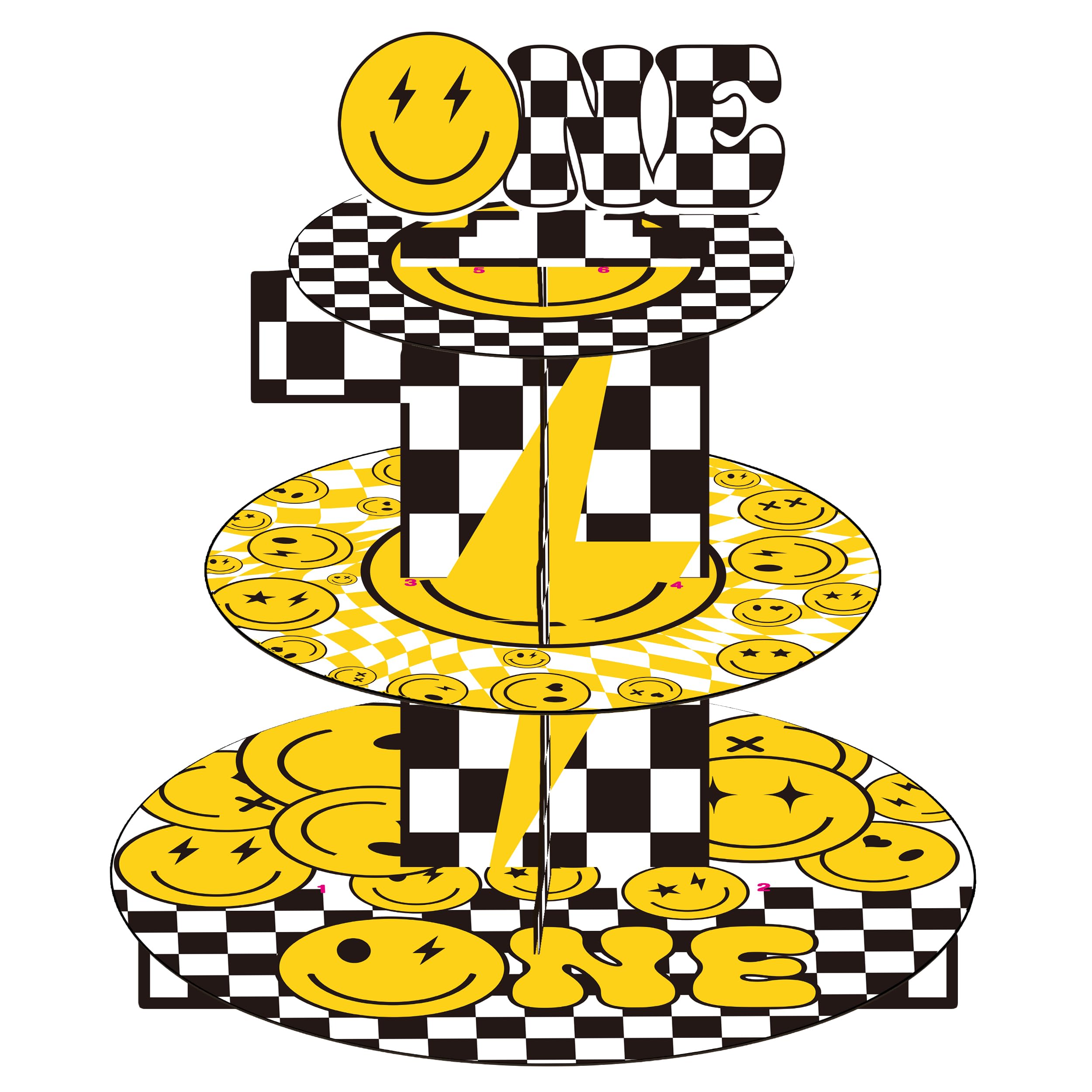 Photo 1 of One Happy Dude 1st Birthday Cupcake Stand One Happy Dude Birthday Decorations 3-Tier Black and Yellow Cake Cupcake Holder for First Day of School Party Smile Face First Birthday Party Supplies