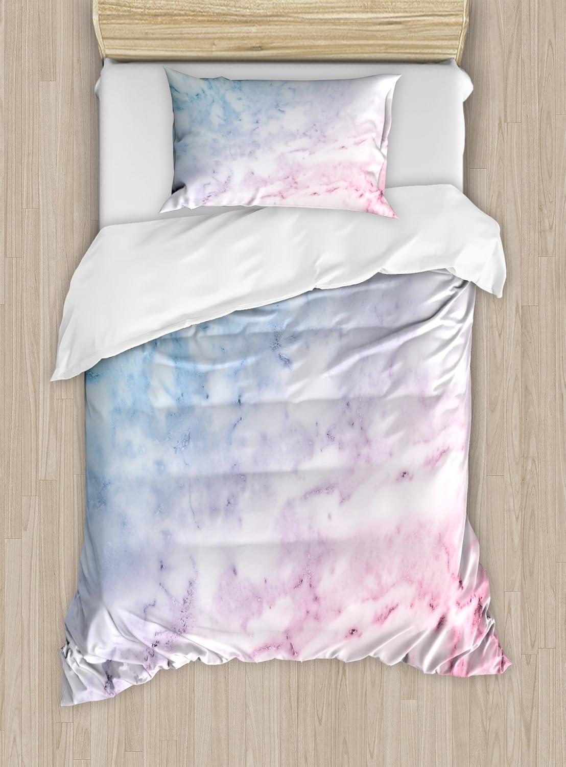 Ambesonne Marble Duvet Cover Set, Pastel Toned Cloudy Hazy Crack Lines Stained Antique Shabby Form Design, Decorative 2 Piece Bedding Set with 1 Pillow Sham, Twin Size, Blue Pink