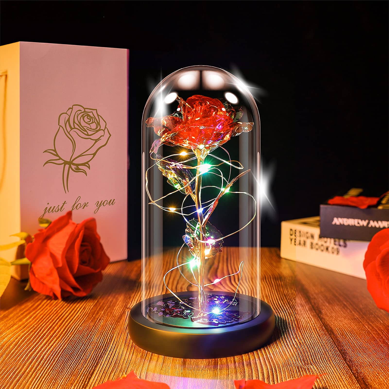 Ptesuply Beauty and The Beast Rose Lamp In the Glass Dome, Eternal Rose Artificial Flower with LED Light, Gift for Women Girl for Birthday Valentine's Day Mother's Day Christmas Anniversary