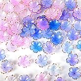 100Pcs Cherry Blossom Acrylic Flower Beads for Jewelry Making,Ymapinc Flower Charms for Bracelets,Cute Floral Pink and Blue Beads, Gold Edge Petal Mini Spacer Bead Charms