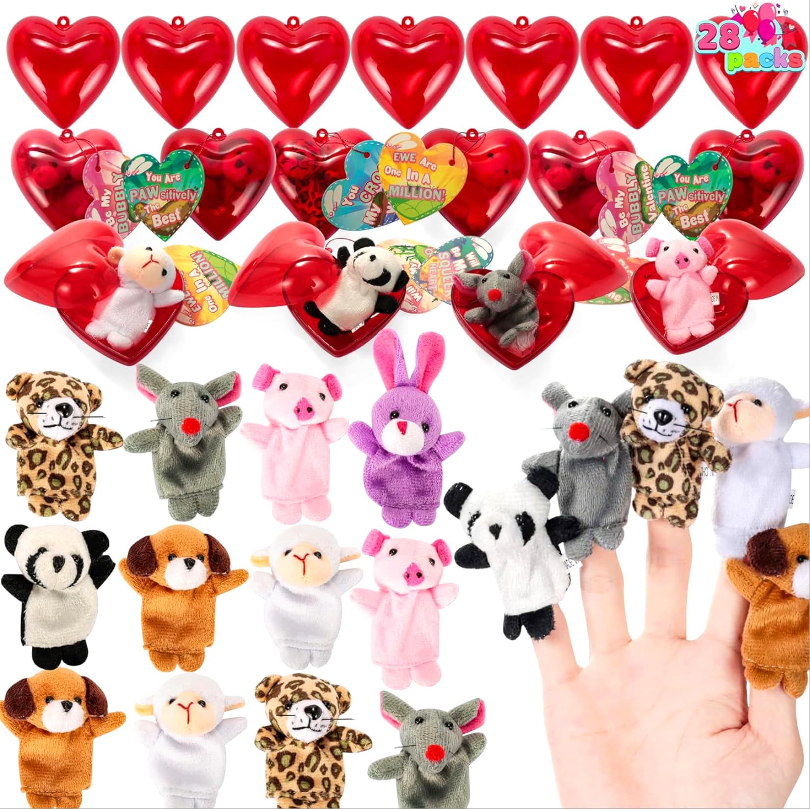 28 Packs Valentines Day Plush Animal Finger Puppet with Prefilled Hearts and Cards for Kids, Valentine Classroom Exchange Gift, Valentine Party Favors, Game Prizes, Holiday Reward Prizes