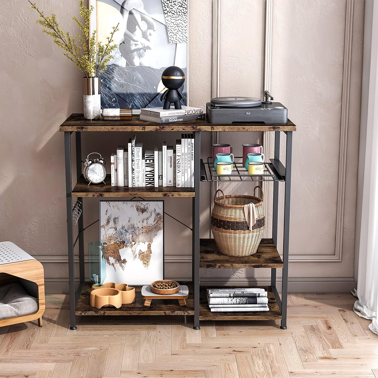 ODK Kitchen Bakers Rack, Utility Storage Shelf Microwave Oven Stand, 3-Tier+3-Tier Coffee Bar Table with 10 S-Shape Hooks for Spice Rack Organizer Workstation, Rustic Brown - Standing Baker's Racks