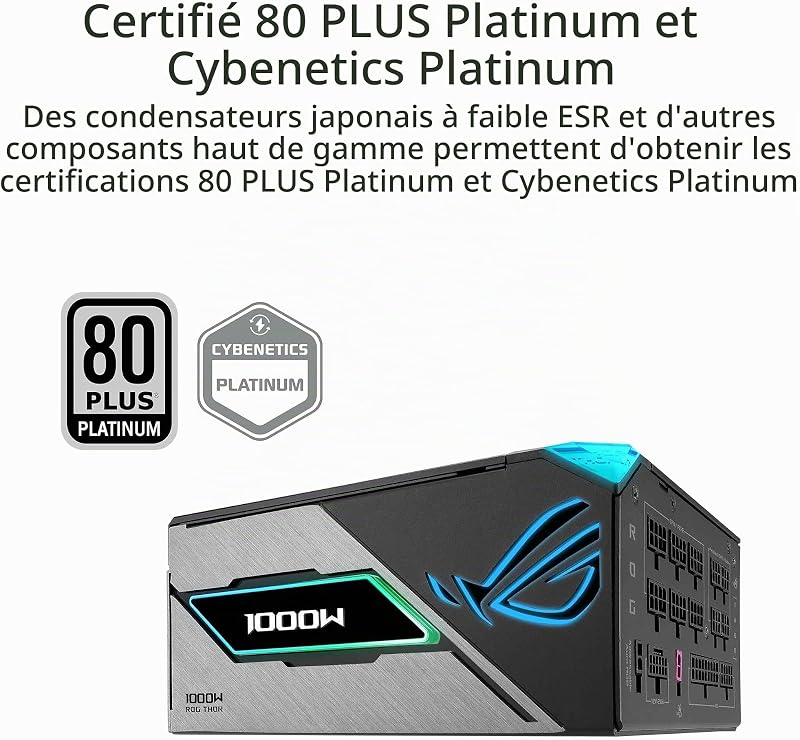 Bloc d'alimentation ASUS ROG Thor 1000W Platinum III (certifié 80 Plus Platinum, ATX 3.1, PCIE 5.1, GaN MOSFET, stabilisateur de Tension Intelligent pour Le GPU, écran OLED magnétique, Mode Turbo,)