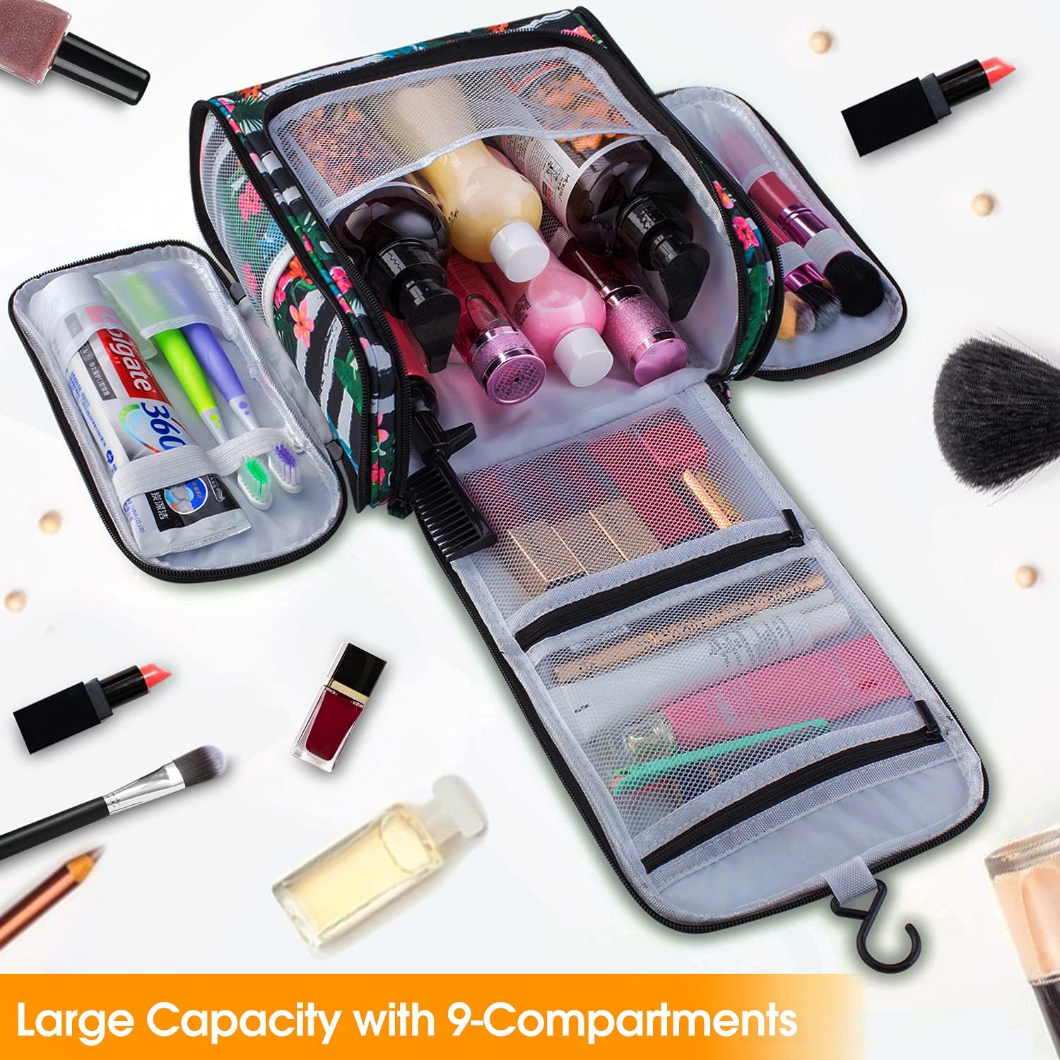 BOOEEN Hanging Travel Toiletry Bag for Women and Girls, Portable Waterproof Cosmetic Travel Bag, 17 Compartments Non-slip zipper, Sturdy Hook, Perfect for Daily use and Travel