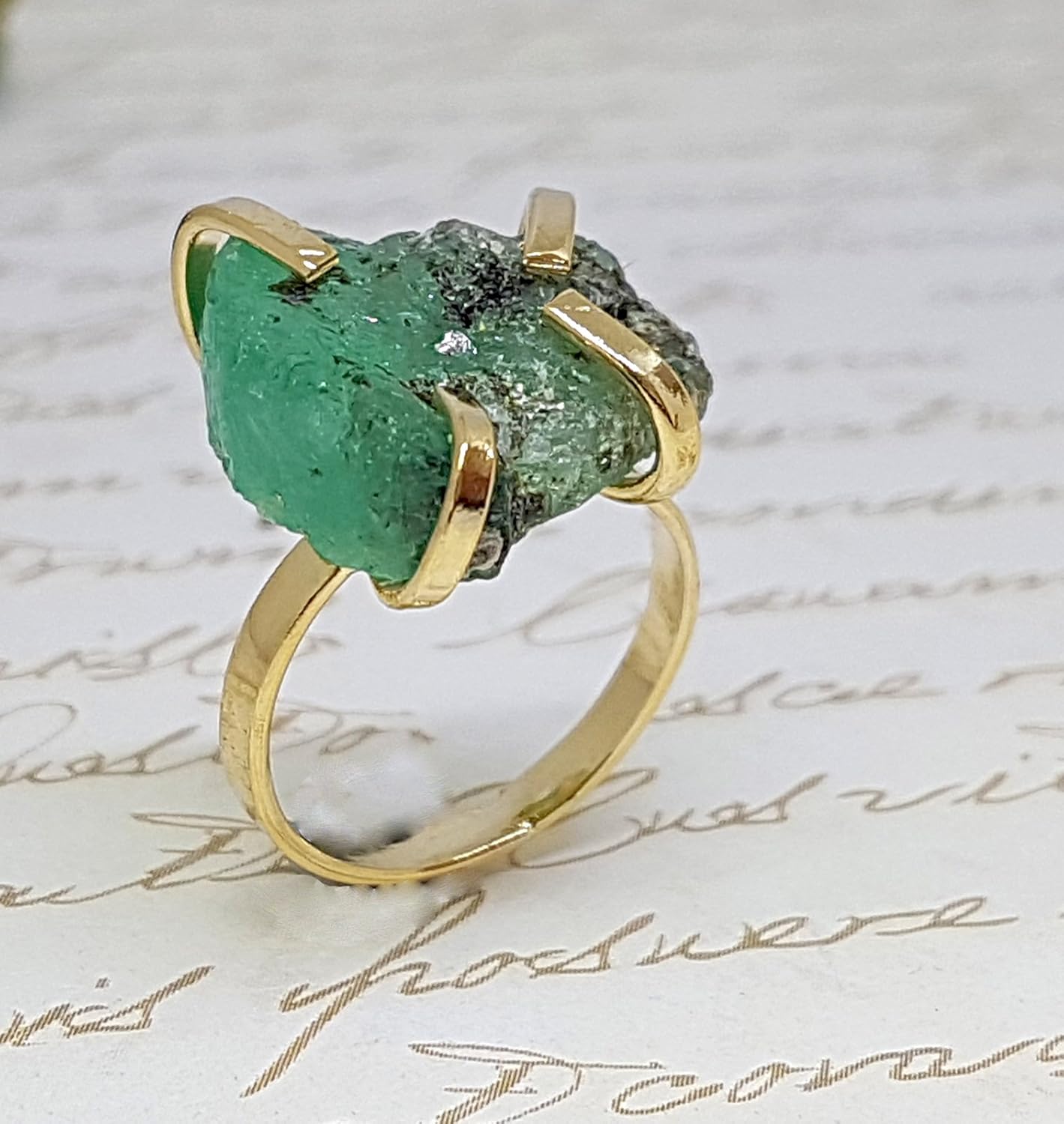 Gold Raw Emerald Ring, May Birthstone 