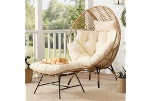 NICESOUL Wicker Egg Chair with Ottoman, Indoor Outdoor Egg Basket Lounge Chair w/Cushion, Oversized Egg Seat with Legs 440 Lbs, Comfy Cozy Boho Style Nest Chair w/Footrest for Patio, Balcony, Beige