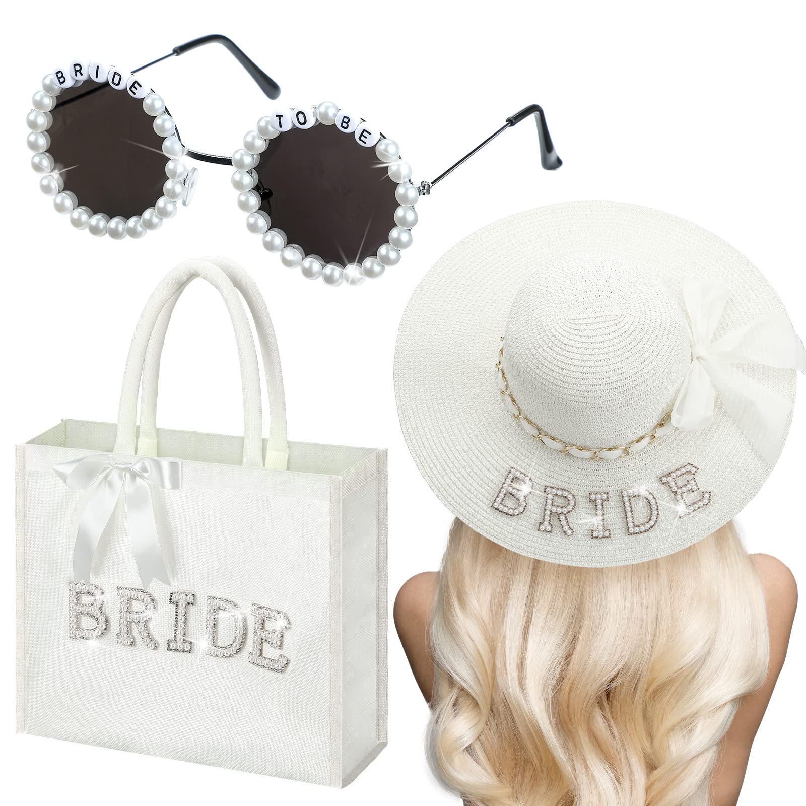 Chunful 3 Pcs Bride Tote Bag Sun Hat Glasses Set Jute Burlap Tote Bags with Handles Bride Sun Hat Bride to Be Sunglasses, White