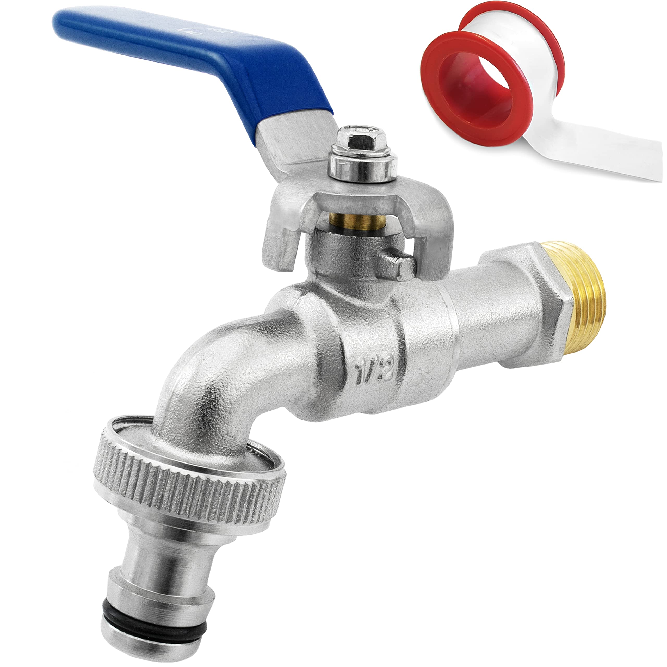 SHYNE Premium 1/2'' Inch Brass Water Tap - Rust and Frost Resistant + 1x Hose Connector + E-Book | for Garden, Washing Machine, Rain Barrel (2 Pieces)