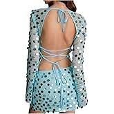 OYOANGLE Women's Sequin Sparkly Long Bell Sleeve Mesh Crop Top Tie Backless Fitted Party Concert Tops
