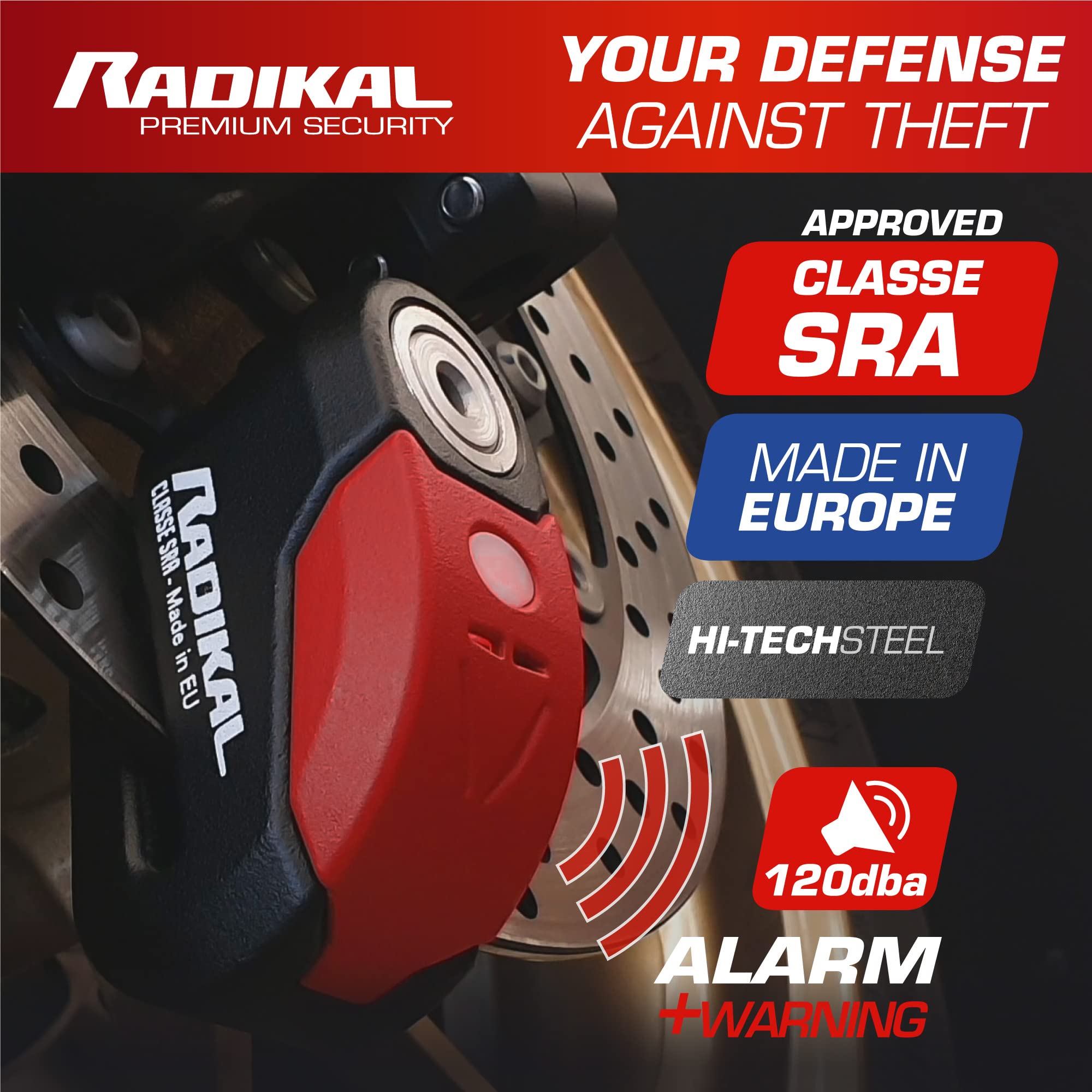 RADIKAL RK10 Premium Motorcycle Alarm Disc Lock 120dB, ON/Off Button Activation Warning LED, SRA Approved, Double Locking 10mm Hardened Steel, High Security Anti Theft Wheel Brake Lock for Motorbike