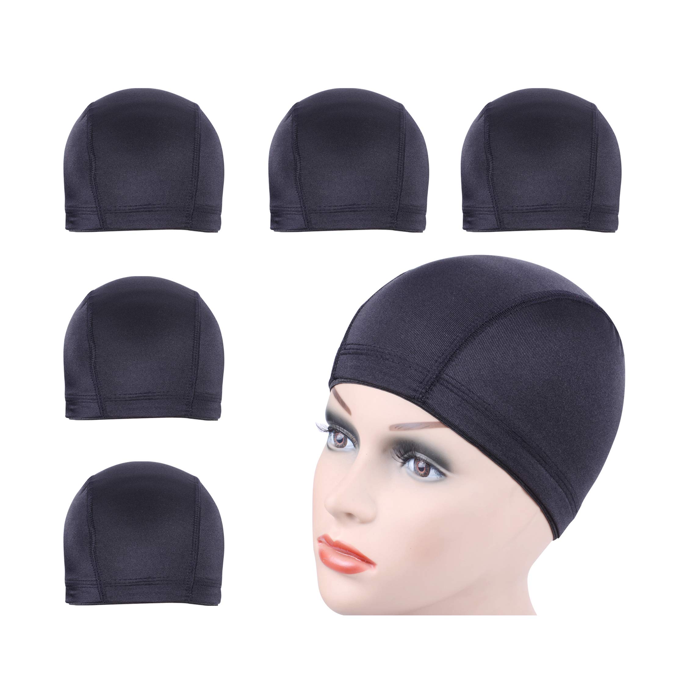 5 pcs Black Dome Cap for Wig Making Stretchable Hairnets with Wide Elastic Band (M)