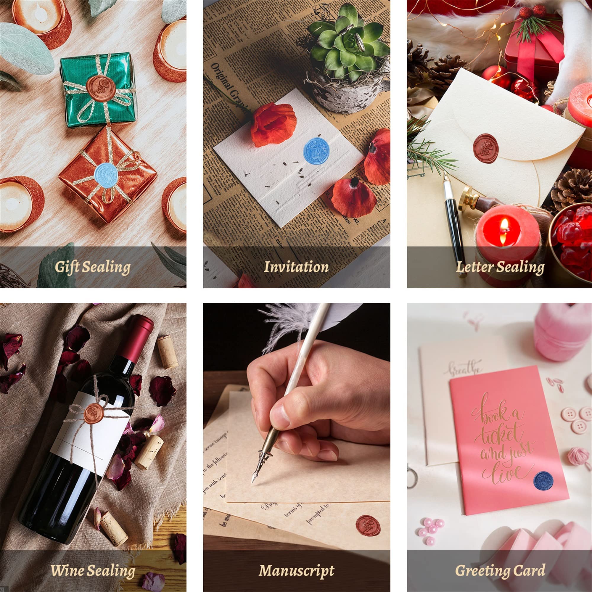 Comealltime Wax Seal Kit with Gift Box, 624 Pcs 24 Colors Sealing Beads, 2 Pcs Stamps, Sealing Wax Warmer, Metallic Pen, Envelope, Candles for Wedding Birthday Gift and DIY Craft, Sellado de Cera