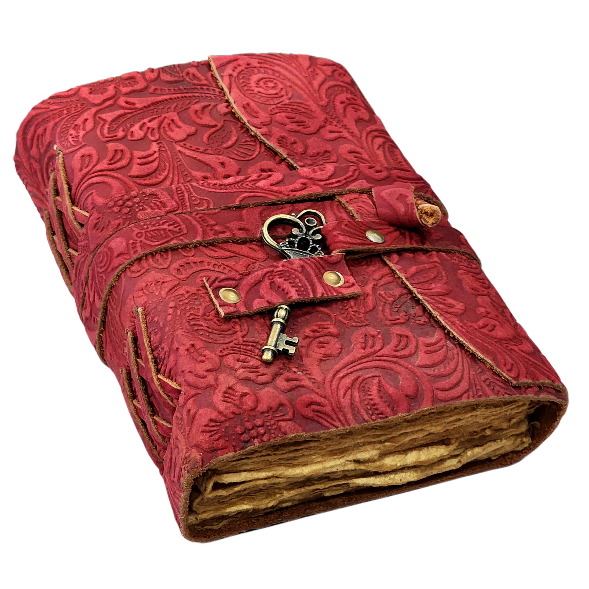 Leather Notebook, 200 Blank Pages - Handmade Bound Journals for Women and Men - For Travel Diary Writing, Daily Work, Sketchbook - Vintage Feel (8x6 Inch, Red)