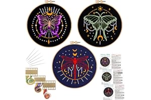 Louise Maelys 3 Set Tarot Embroidery Kits for Beginners with Moon Butterfly Dragonfly and Moth Pattern,Adults Starter Cross Stitch Kit DIY Needlepoint