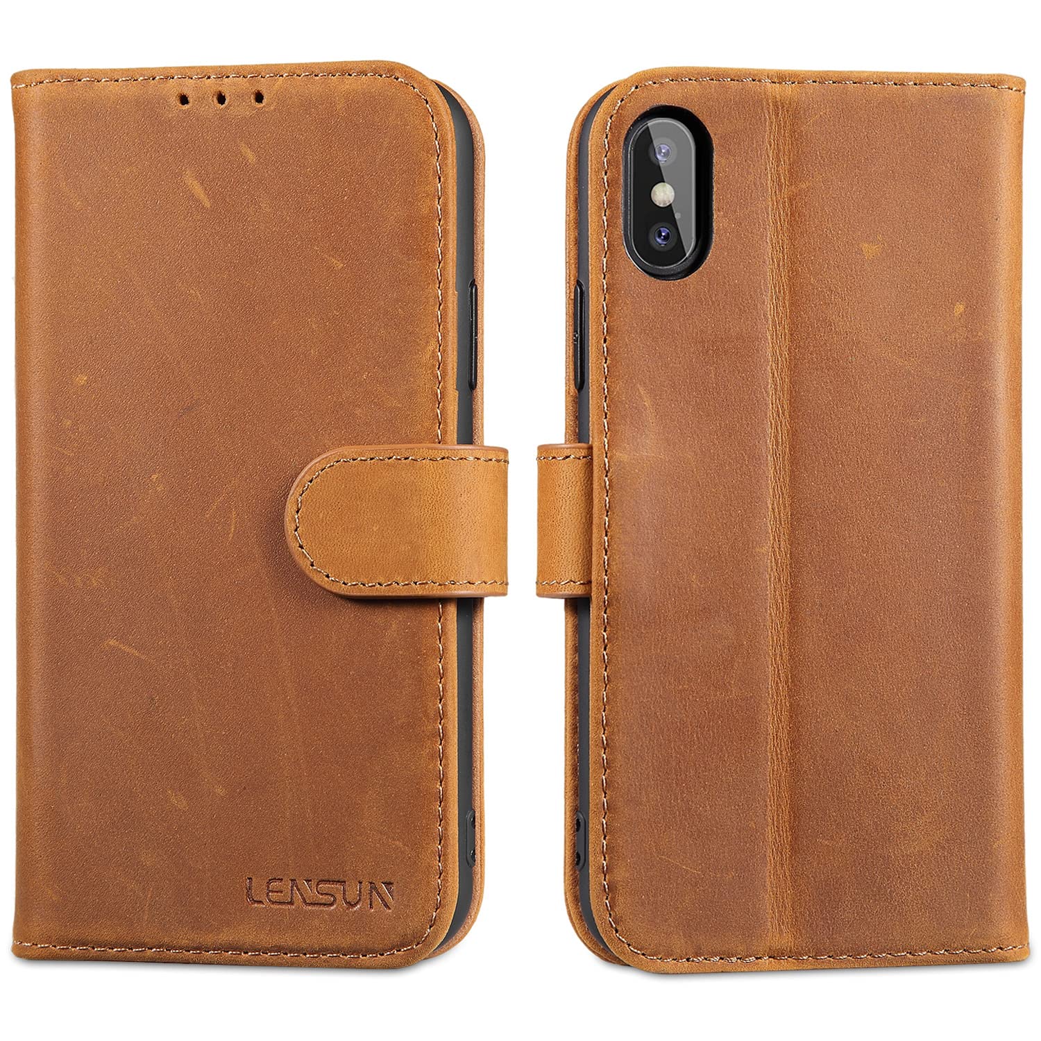 LENSUN Case for iPhone X and iPhone XS, Genuine Leather Flip Wallet Phone Cover [RFID Blocking] with Card Holder and Magnetic Closure Compatible with iPhone X/XS - Vintage Brown — image 1