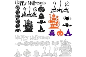PATELAI 18 Pieces Halloween Cutting Dies Halloween Silicone Stamps Set Metal Cutting Stencils Clear Silicone Stamp, Cat, Spider, Pumpkin, Bat, Castle, Happy Halloween for Scrapbook Card Making DIY Crafts