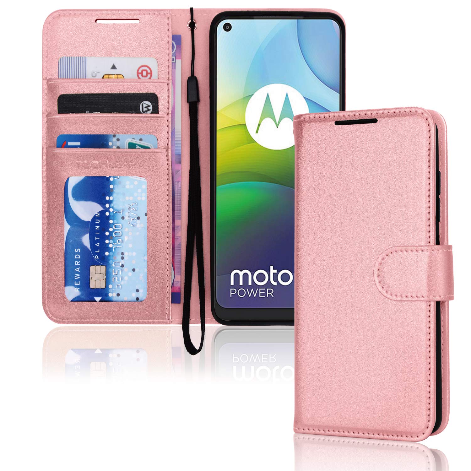 TECHGEAR Moto G9 Power Leather Wallet Case, Flip Protective Case Cover with Wallet Card Holder, Stand & Wrist Strap, Rose Gold PU Leather with Magnetic Clasp For Motorola Moto G9 Power