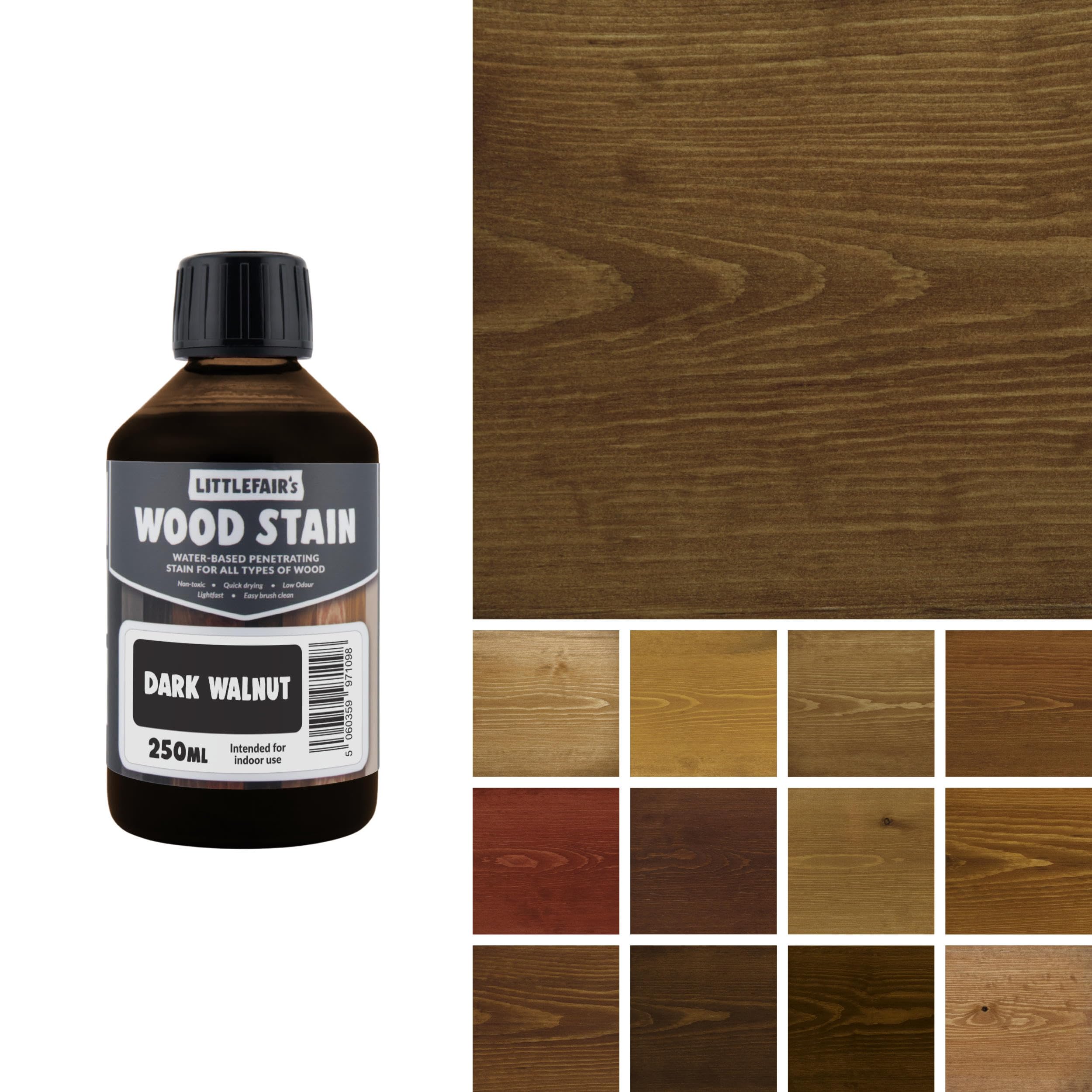 Littlefair's Wood Stain Water-Based - (Dark Walnut) – Non-Toxic, Eco-Friendly & Quick Drying - Easy-to-Apply, Concentrated Formula for All Wood Types – 250ml