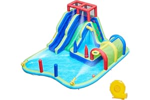Yaheetech Inflatable Water Slide, Double Lane Water Slide Combo w/Long Tunnel & Climbing Wall & Punching Bags & Ring Toss Game, Kids Inflatable Water Park w/Storage Bag & 650W Blower