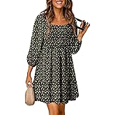Dokotoo Fall Dresses for Women 2025 Boho Floral Square Neck Smocked 3/4 Sleeve Casual A-Line Swing Mini Dress Sundress