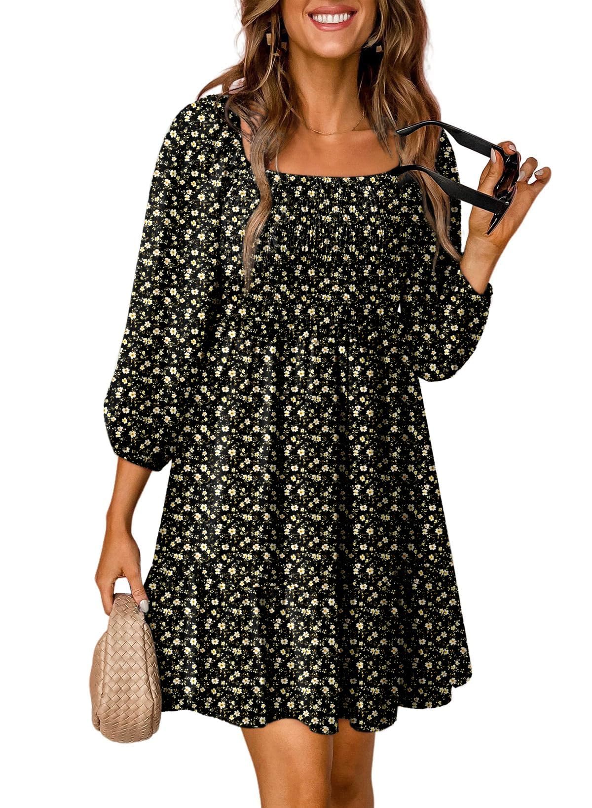 Photo 1 of Dokotoo Sundresses for Women 2025 Early Fall Casual Beach Boho Floral Print Long Sleeve Square Neck Smocked Dresses A-Line Swing Mini Babydoll Bohemian Sun Dress Party Vacation Dresses Black X-Large