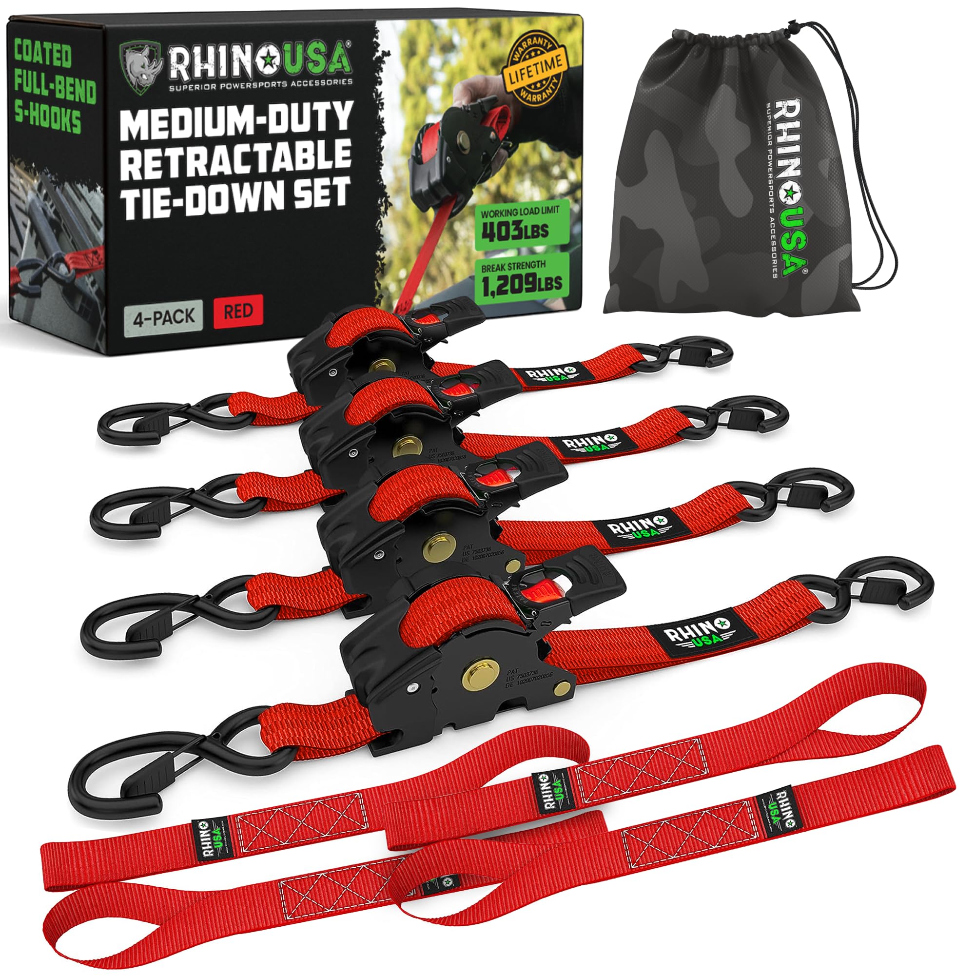 Rhino USA Retractable Ratchet Straps (4-Pack) - 2.5cm x 3m (540kg Break Strength) - Medium Duty Auto Self-Retracting Tie Down Straps for Truck, Cargo Trailer, Motorcycle, Bike & More - Red