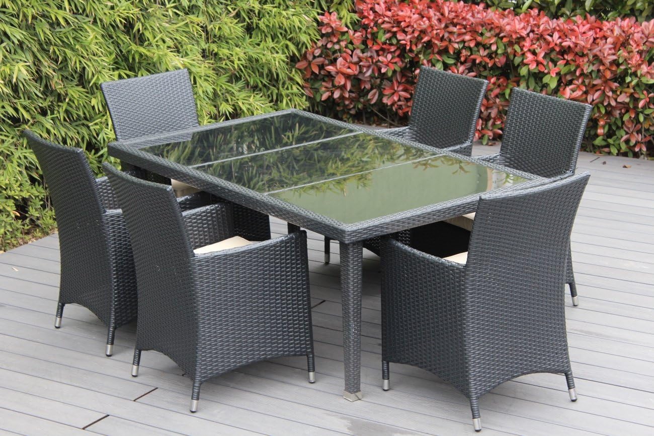 Amazon Com Genuine Ohana Outdoor Patio Wicker Furniture 7pc All Weather Dining Set With Free Patio Cover Garden Outdoor