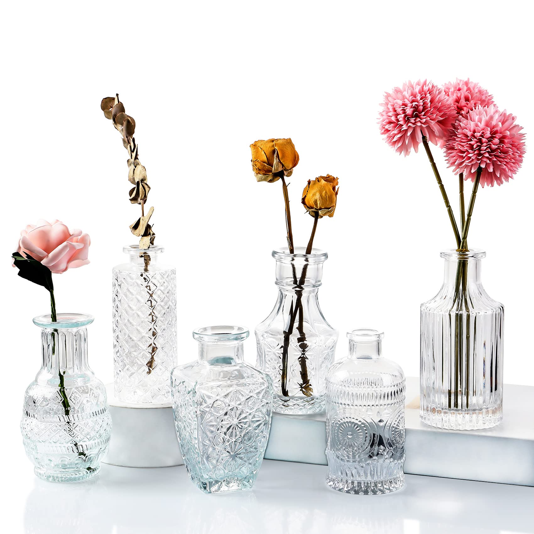 6 Pcs Small Glass Flower Vases with Brush, Glass Clear Mini Bud Sweet Pea Vases in Bulk for Rustic Home Wedding Centerpieces Dining Table Room Decorations — image 1