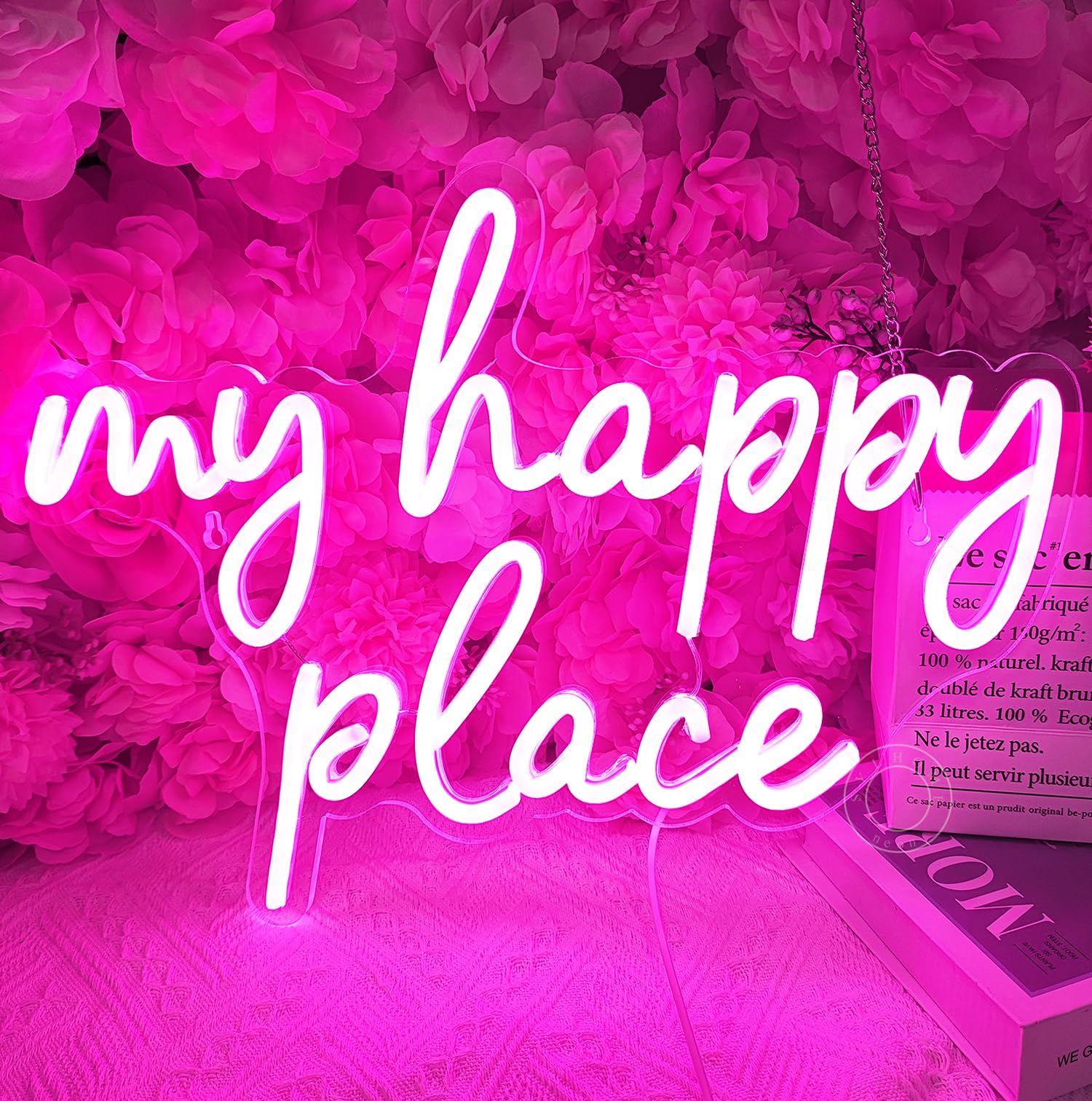 Photo 1 of SYLHOME Pink My Happy Place LED Neon Light Sign USB Girls Babys Bedroom Living Room Kitchen Wall Decor Sign Wedding Birthday Party Sign Christmas Gifts 15.8" X 11.2" 5V Teens