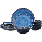 Plates and Bowls Sets for 4 - CJDC-QUELO 12-Piece Stoneware Dinnerware Sets, Ceramic Dishware Set for Kitchen Use and Formal Dining, Chip and Scratch Resistant Microwave Dishwasher Safe, Blue