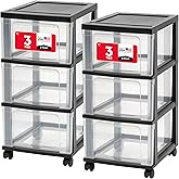 IRIS USA Plastic 3-Drawer Storage Organizer Rolling Cart, with Wheels Casters, 2-Pack, for Classroom Art Supplies Bathroom Dorm Bedroom Laundry Room, Slim Narrow, Black/Clear
