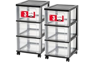 IRIS USA Plastic 3 Drawer Slim Narrow Storage Drawer Cart with 4 Caster Wheels for Home, Closet, Bedroom, Bathroom, Office, Laundry, Kitchen, Craft Room, Nursery and Dorm, Black, Set of 2