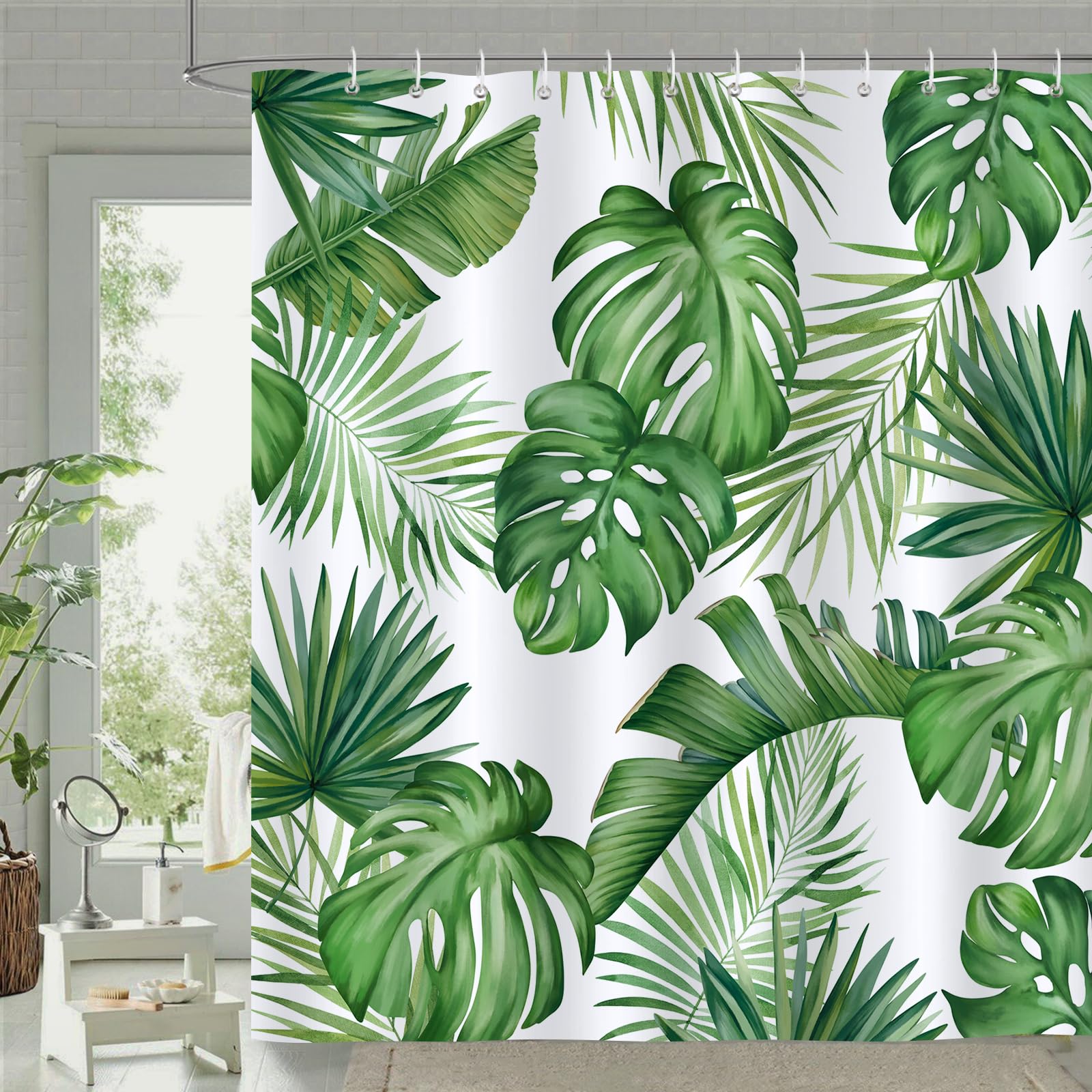Bonhause Tropical Leaves Shower Curtain 180 x 180 cm Green Palm Leaf Bathroom Curtain Mildew & Mould Resistant Polyester Fabric Bath Curtain with 12 Hooks — image 1
