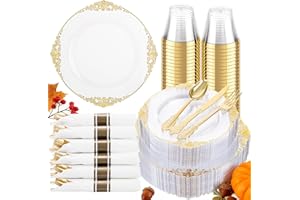 Hioasis 175pcs Clear and Gold Plastic Plates - Elegant Disposable Dinnerware Set Suitable for 25 Guests Include 10.25" Dinner & 7.5" Dessert Plates, Pre Rolled Silverware Set, Cups for Party & Wedding