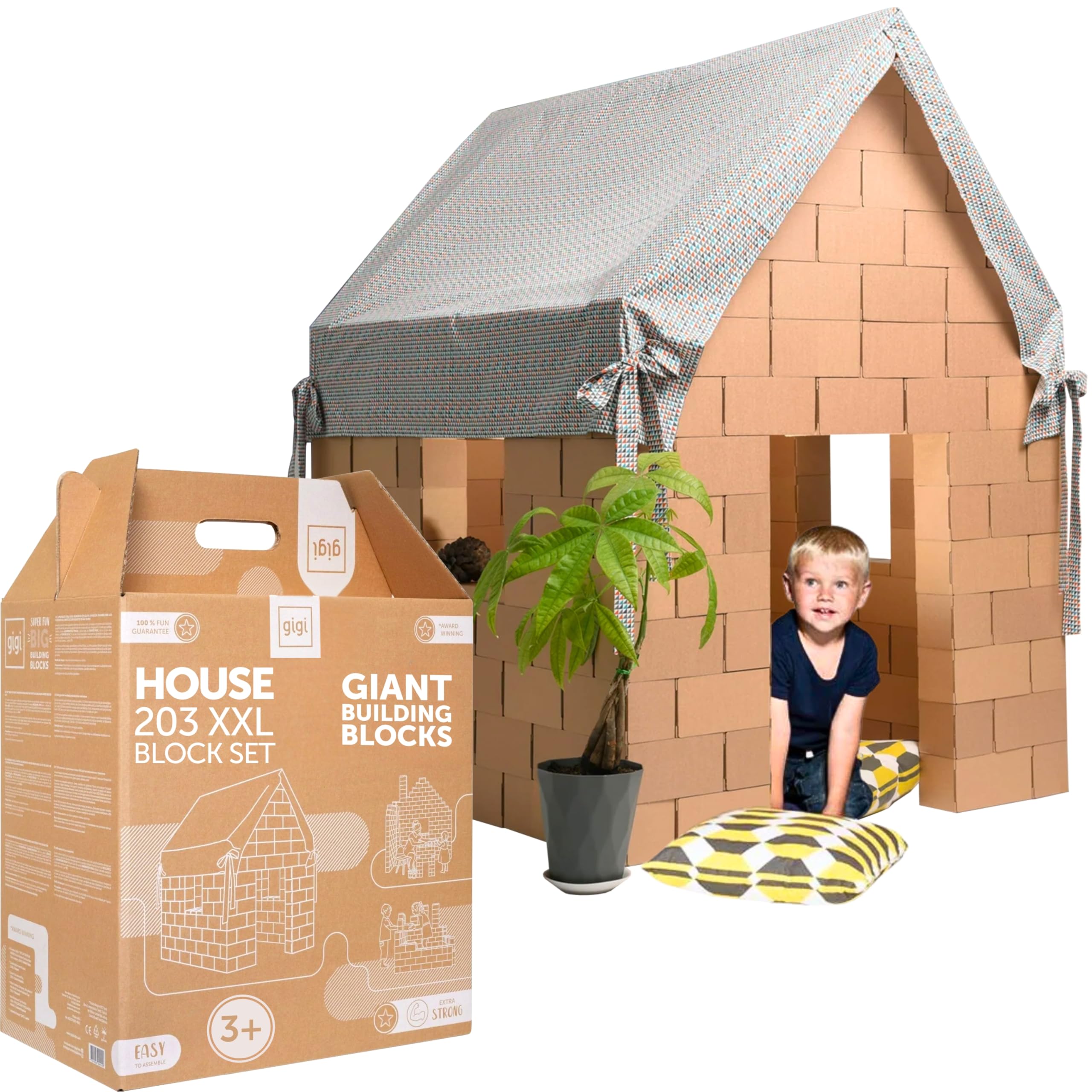 GIGI Bloks DIY Indoor Playhouse for Children | Stacking & Interlocking Cardboard Playhouse for Kids Indoor Construction Set with 203 Large Building Blocks | Sturdy & Easy to Assemble Play House Kit