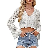Women's Soft Crochet Tie Front Cardigan Cropped Knit Bolero Shrug Summer Beach Cover Up Top
