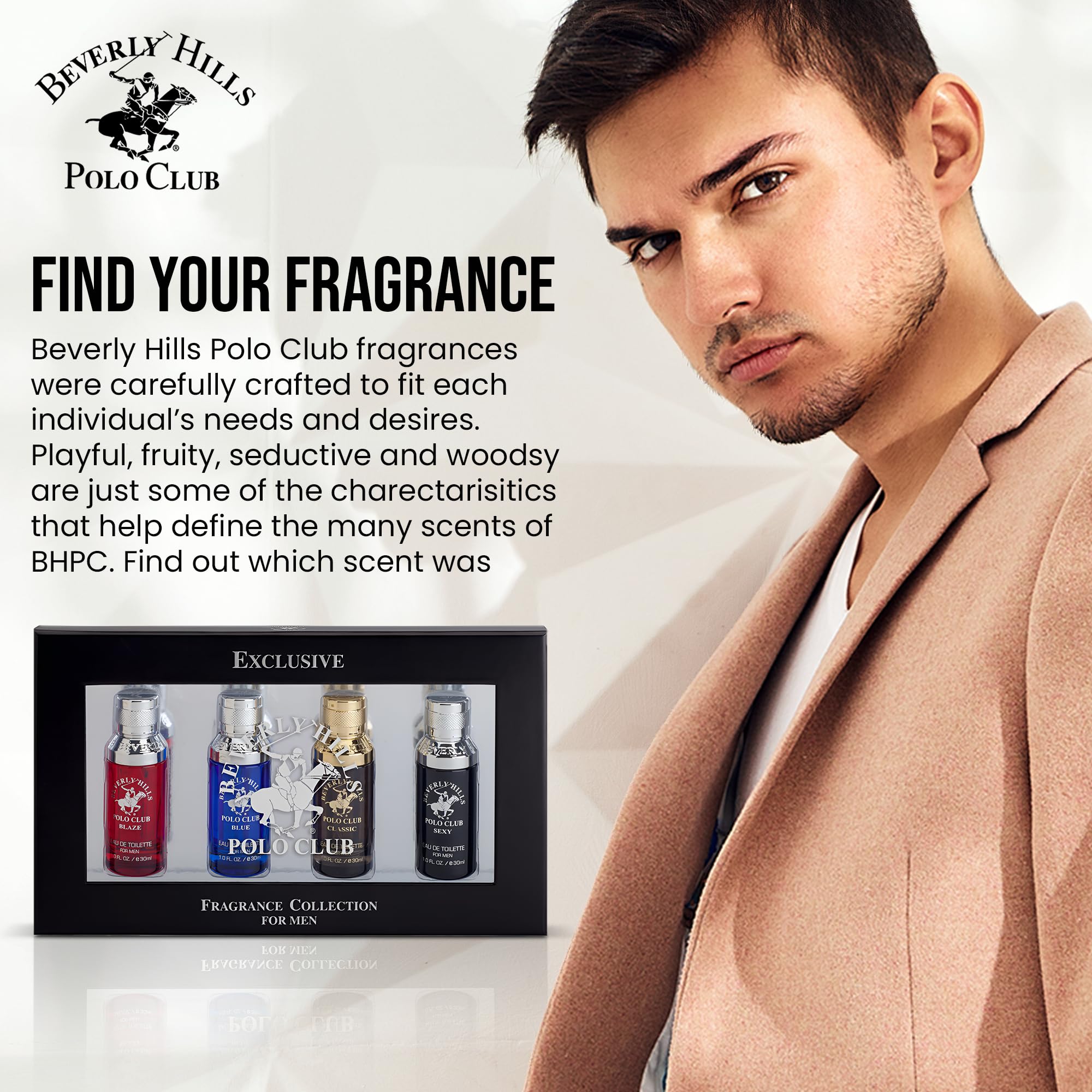 Beverly Hills Polo Club Men's Fragrance Collection - 4 Premium Eau de Toilette Colognes (1oz Each) - Diverse, Long-Lasting Scents: Blaze, Blue, Classic, Sexy - Ideal Gift Set for Him