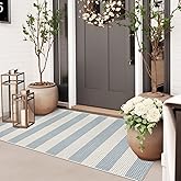 Sungea Boho Striped Outdoor Mats for Front Door 2'x4.3',Blue and Cream Washable Rug Runner,Cotton Hand Woven Indoor Outdoor R