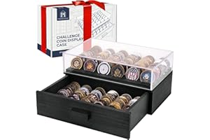 PARKWAY HOME Large Black Wooden Challenge Coin Display Case with Clear Cover - Military Coin Display Case Holds 36 Coins on Top & 36 in The Storage Drawer - Versatile Coin Stand Holder & Poker Chip Display Case