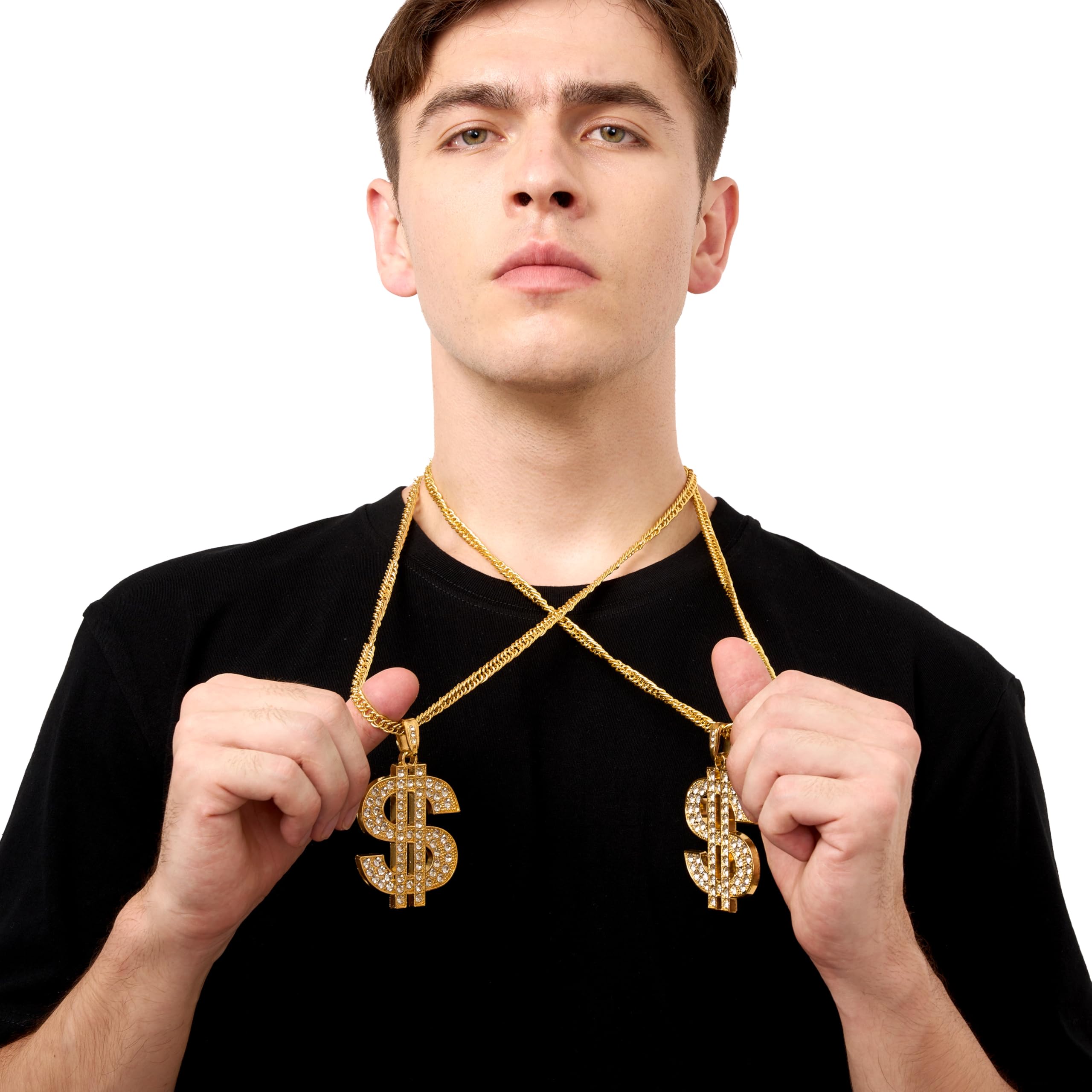 Spooktacular Creations 2 pcs Gold Dollar Chains Necklaces, Money Pendant Chain Hip Hop Dollar Sign Necklace Jewelry Halloween Accessory for Men Women Dress Up Party